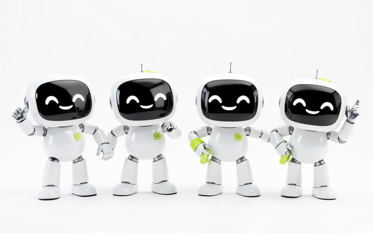 Original concept visualization — four humanoid robot silhouettes in darkness