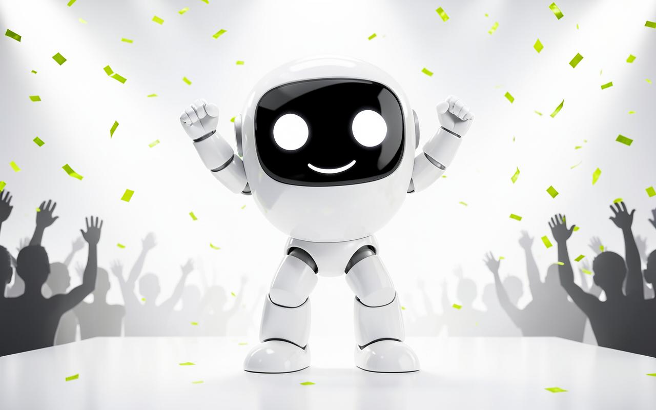 Original concept visualization — four humanoid robots walking onto a large stage